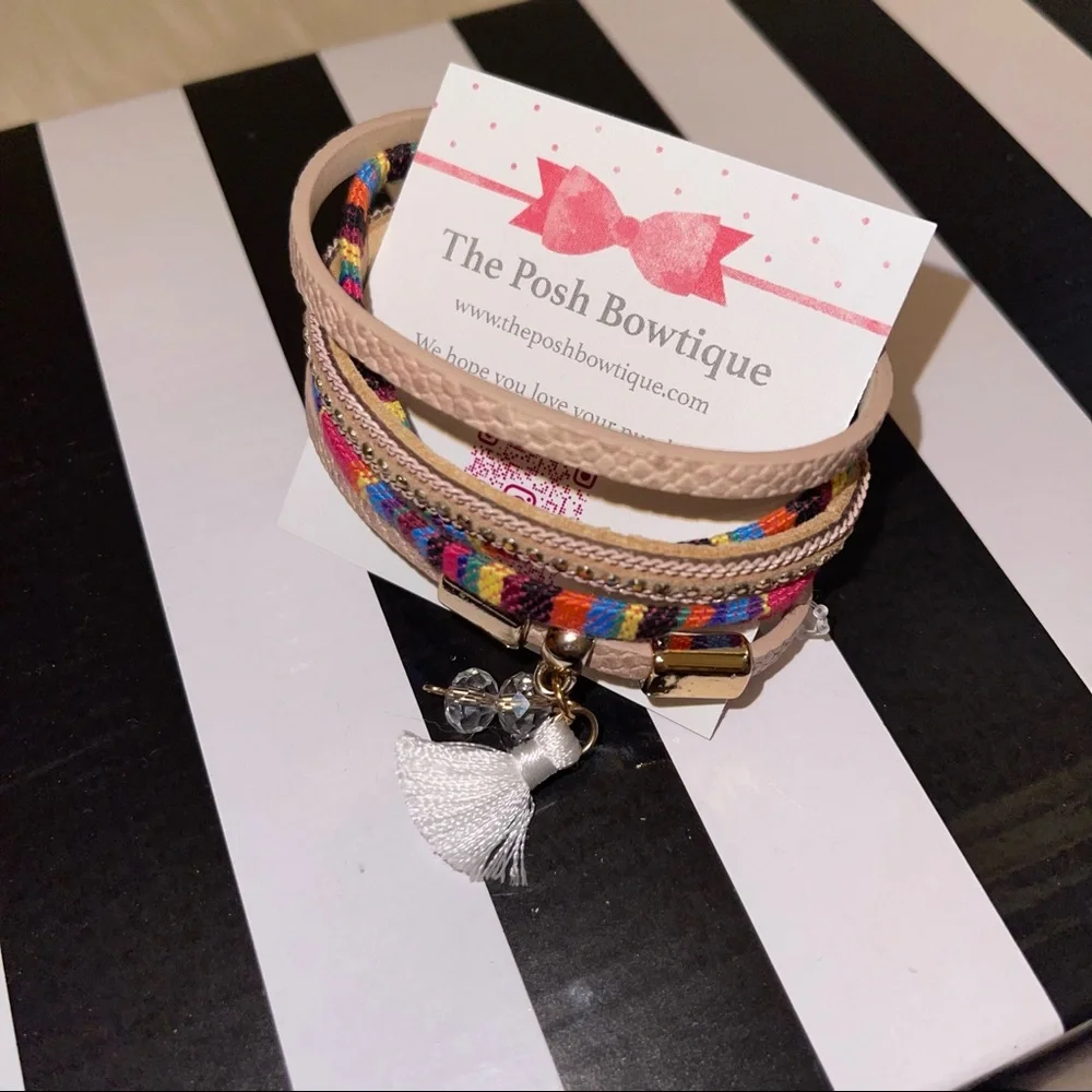 Bright Multicolor Boho Threaded Tassel Faux Leather Magnetic Wrap Bracelet